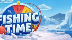 Tangkapan layar permainan Fishing Time oleh BGaming, menampilkan roda keberuntungan bertema memancing di es dengan pengganda dan sektor bonus.