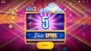 Tampilan layar permainan slot Diamond Blitz 3 dengan simbol permata dan buah-buahan.