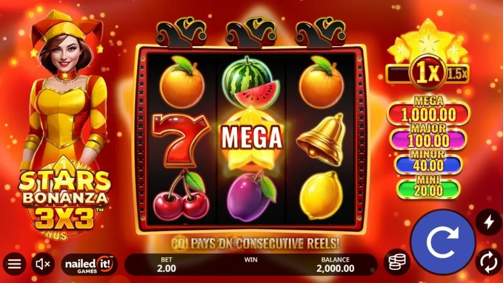 Tampilan visual slot Stars Bonanza 3x3 dengan tema buah dan kosmik